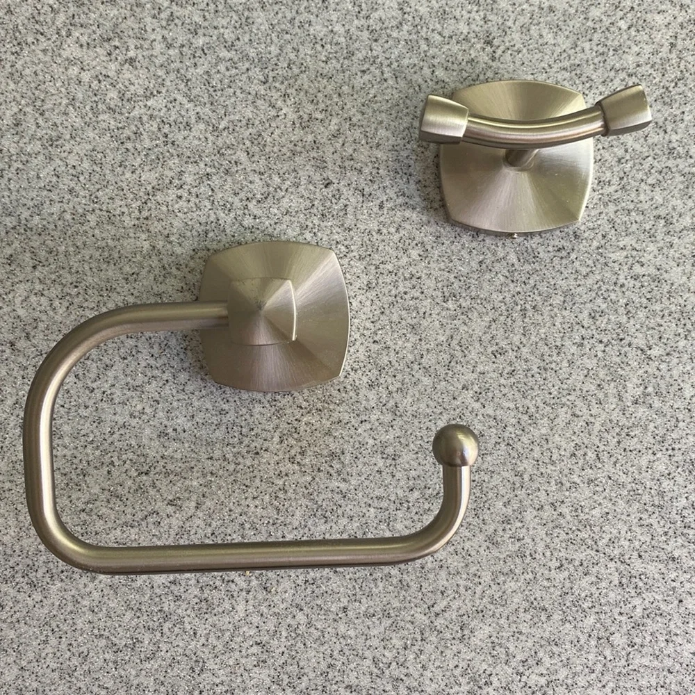 Brushed chrome, toilet paper holder, and double hook